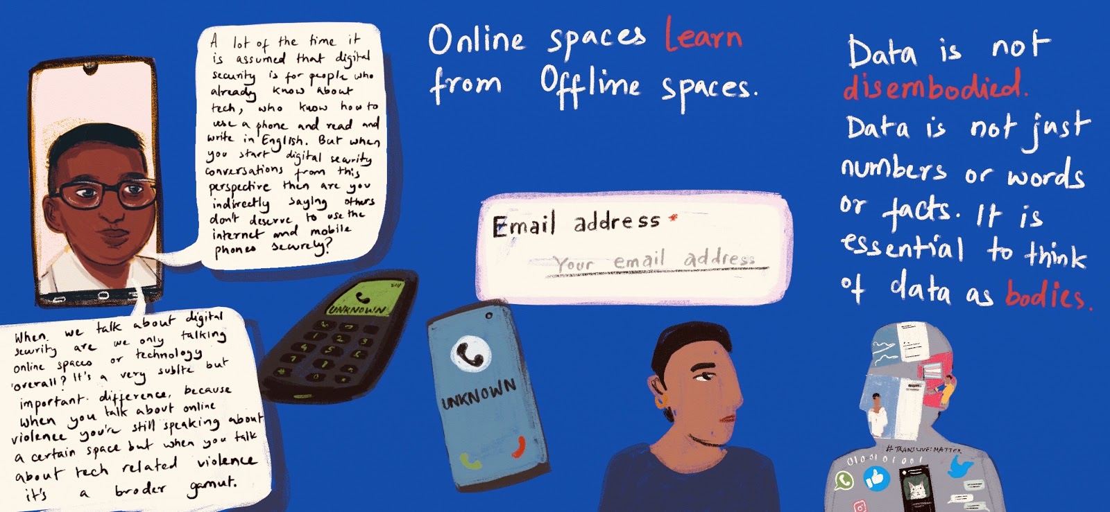 blue hand-drawn graphic with title Online spaces learn from offline spaces