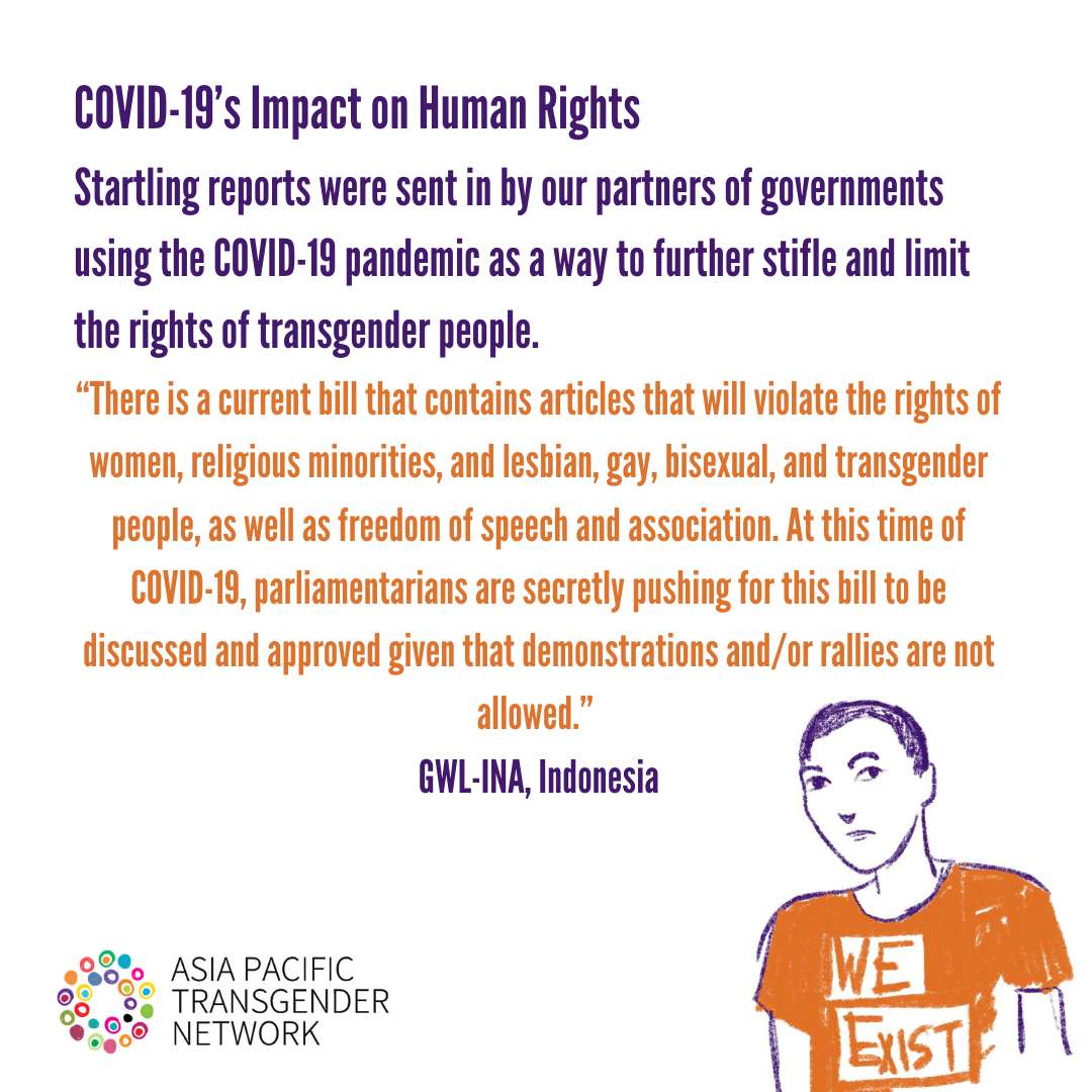 Graphic with purple and orange text and person with shirt that says "We Exist"